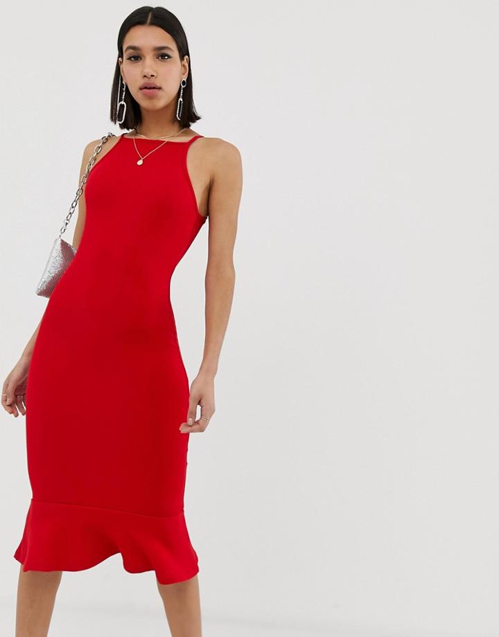 Ax Paris Racer Neck Midi Dress With Frill Hem - Red