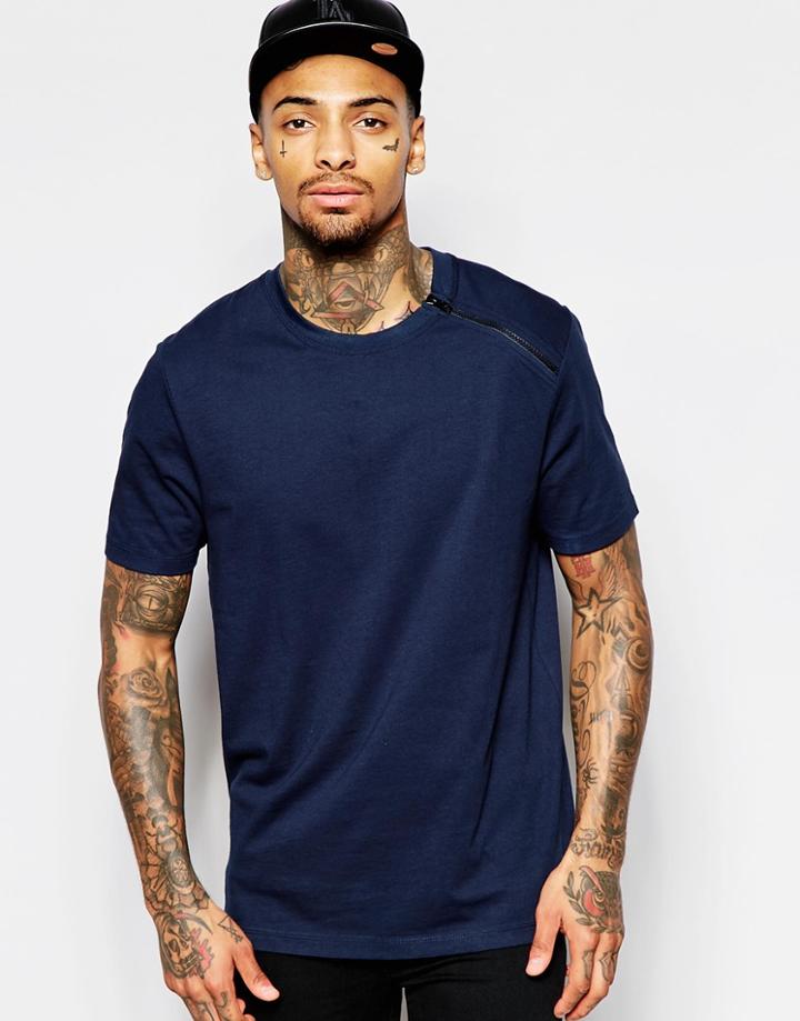 Asos Longline T-shirt With Zip Shoulder In Relaxed Skater Fit - Navy