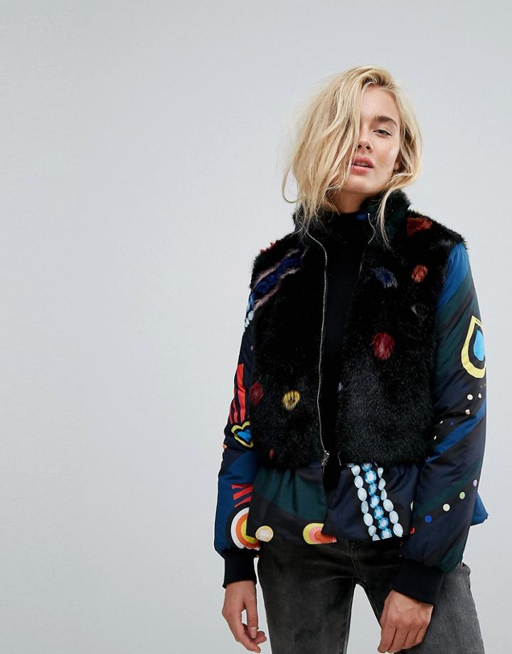 Icerberg Fur Collar Padded Jacket With Peplum Hem - Multi