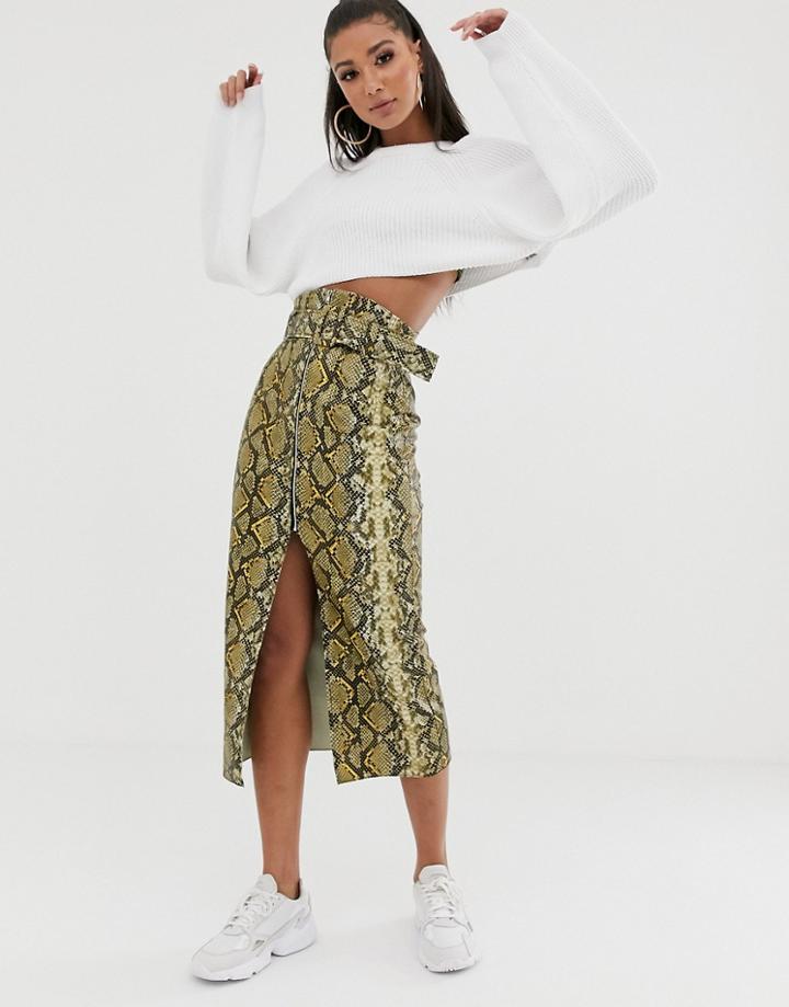Asos Design Snake Midi Skirt With Front Slit And Belt - Multi