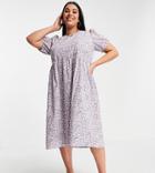 Vero Moda Curve Cotton Midi Smock Dress With Puff Sleeve In Lilac Micro Floral-multi