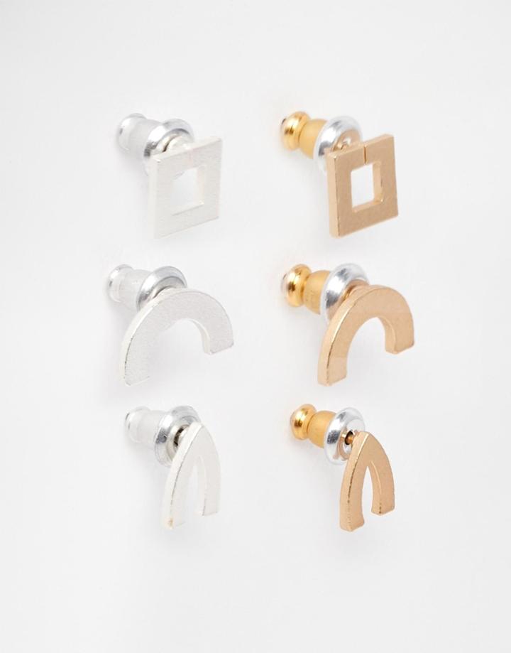 Asos Geometric Stud Pack In Gold And Silver - Multi
