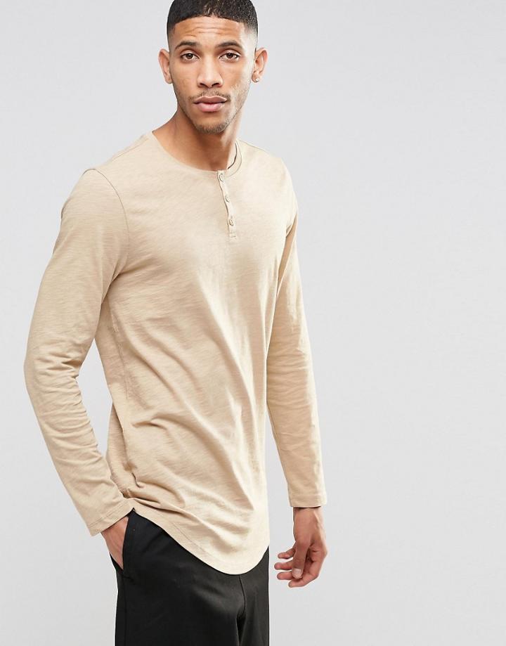 Asos Slub Longline Long Sleeve T-shirt With Grandad Neck In Beige - Beige