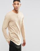 Asos Slub Longline Long Sleeve T-shirt With Grandad Neck In Beige - Beige