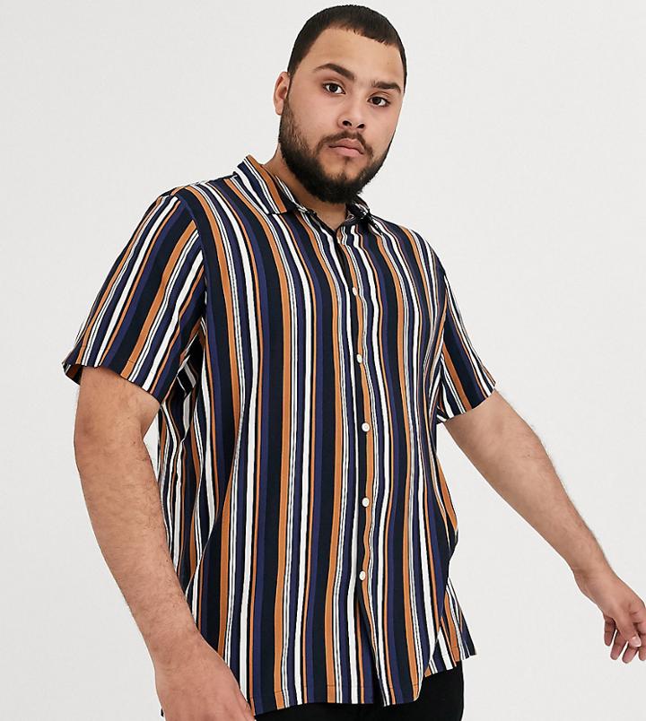 Asos Design Plus Regular Stripe Shirt In Navy And Brown