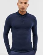 Asos Design Organic Muscle Fit Long Sleeve Jersey Polo In Navy - Navy