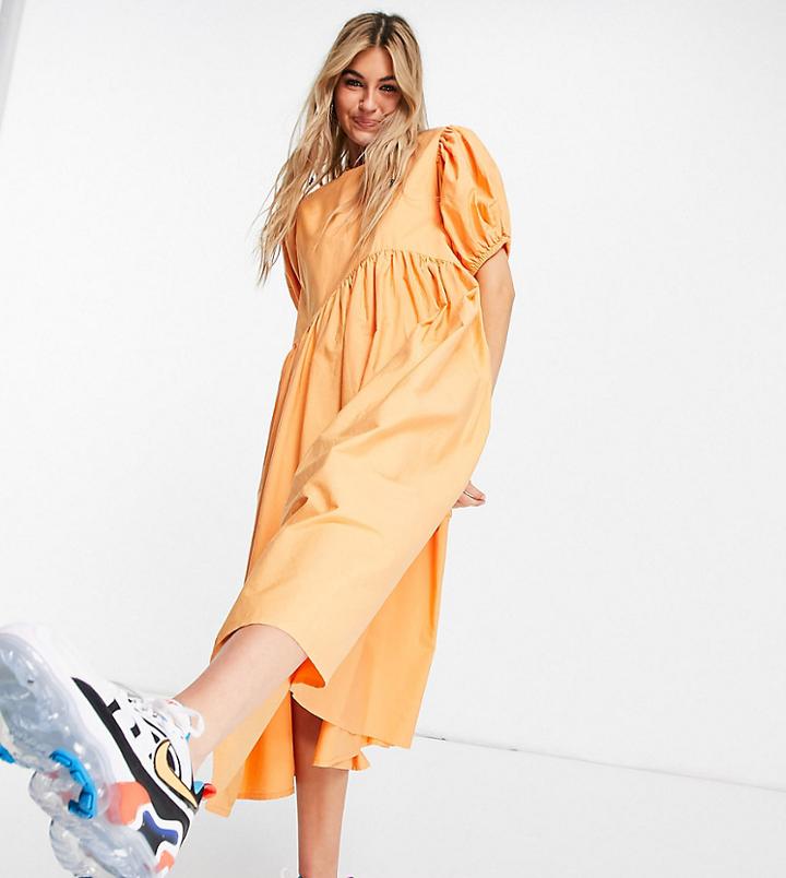 Collusion Asymmetric Waist Midi Smock Dress In Orange