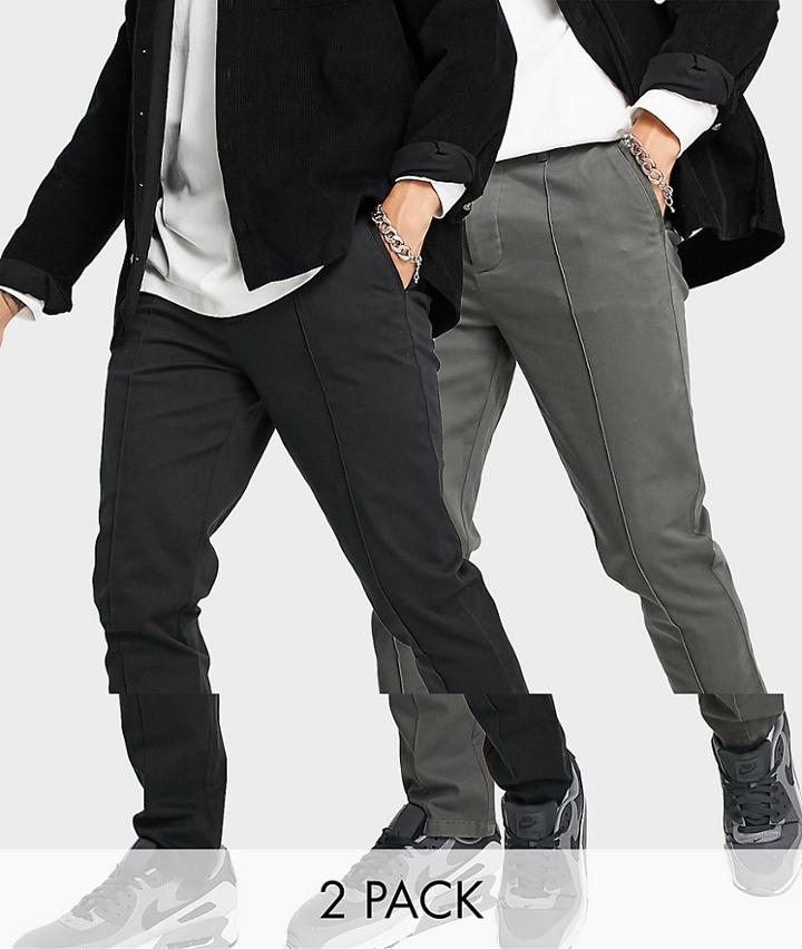 Asos Design 2 Pack Slim Chinos With Pin Tucks In Charcoal And Black Save-multi
