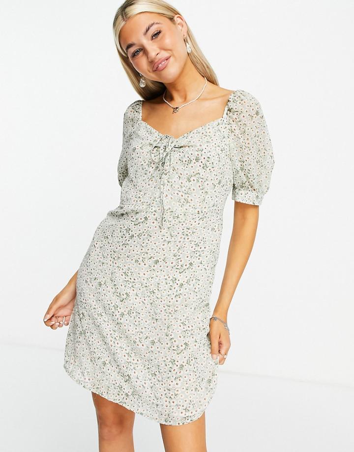 Only Mini Dress With Ruched Bust And Puff Sleeve In Green Floral-multi