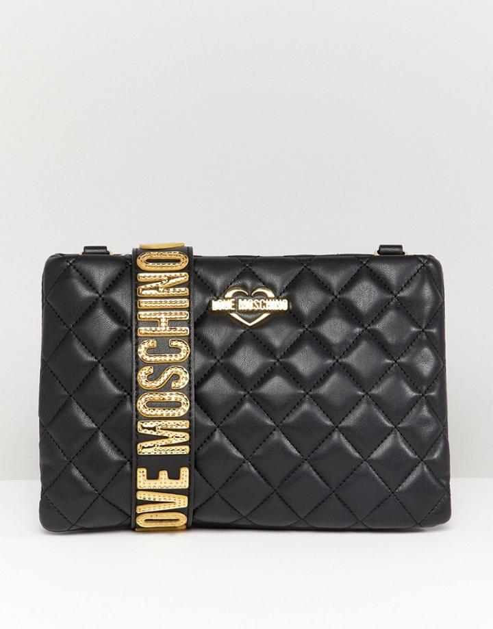 Love Moschino Quilted Zip Top Shoulder Bag With Chunky Strap - Black