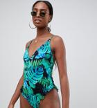 Asos Design Tall Frill Swimsuit In Oversize Tropical Palm Print - Multi