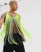 Asos Design Festival Relaxed Tank With Neon Fringing In Mesh - Yellow