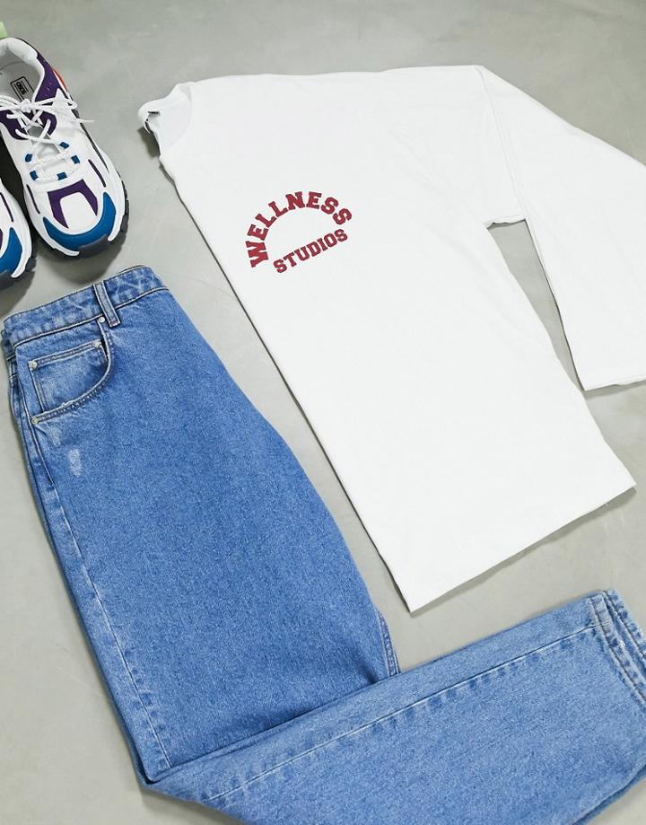 Asos Design Oversized Long Sleeve Washed T-shirt With Chest Text Print In White
