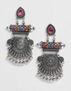 Asos Design Earrings With Etched Detail And Jewel Pops In Silver Tone-multi