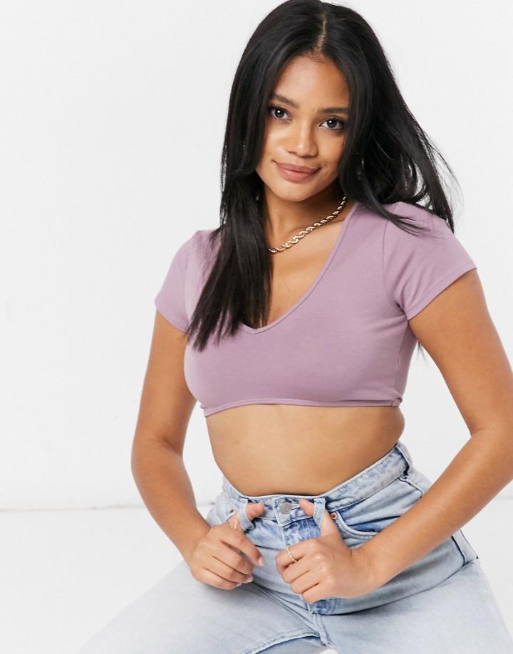 Asos Design Crop Top With Cap Sleeve And Shaped Hem In Mink-pink