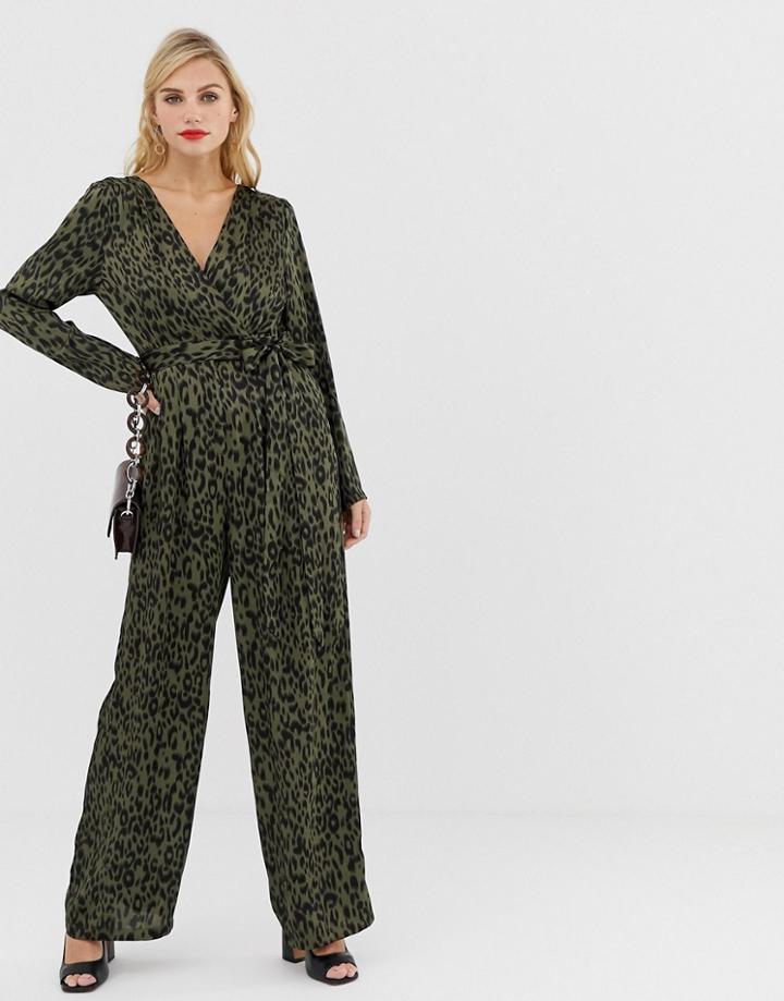 Liquorish Wrap Front Jumpsuit In Leopard Print With Tie Belt - Multi