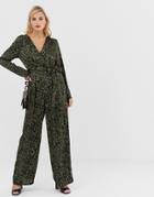 Liquorish Wrap Front Jumpsuit In Leopard Print With Tie Belt - Multi
