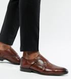 Asos Design Wide Fit Monk Shoes In Brown Leather - Brown