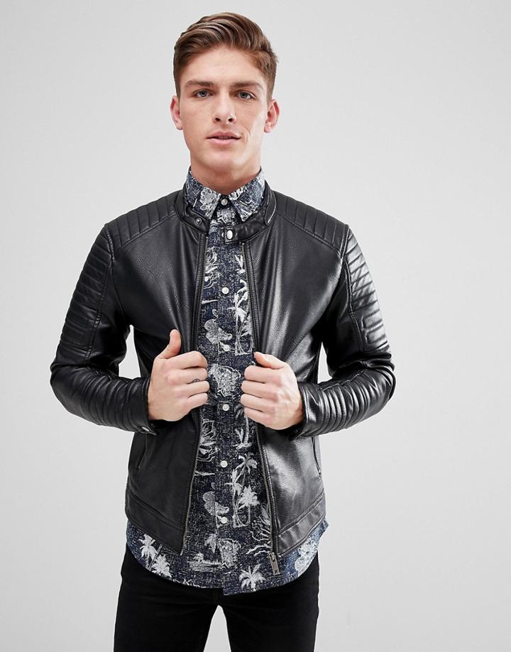 Jack & Jones Core Faux Leather Racer Jacket - Black