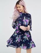 Yumi Long Sleeve Shirt Dress In Floral Print - Navy