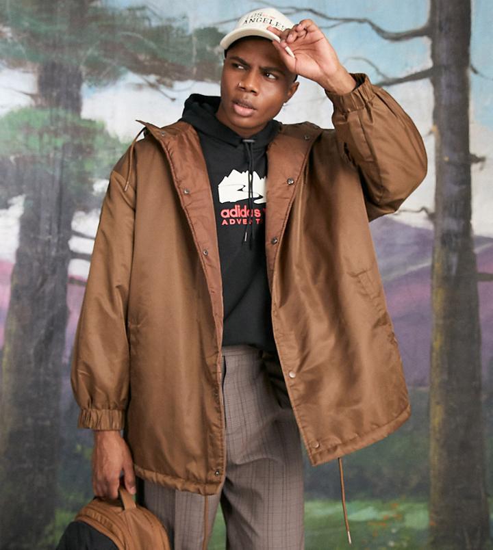 Collusion Recycled Polyester Oversized Coat With Hood In Brown