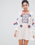 America & Beyond White Beach Tunic Dress With Heavy Embroidery - White