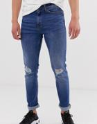 New Look Skinny Jeans With Knee Rips In Blue Wash