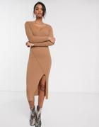 Asos Design Knit Rib Midi Dress With Wrap Detail-neutral