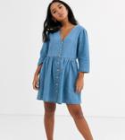 Asos Design Petite Soft Denim Tea Dress In Midwash Blue-blues