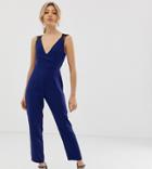 Asos Design Petite Lace Trim Peg Leg Jumpsuit - Blue