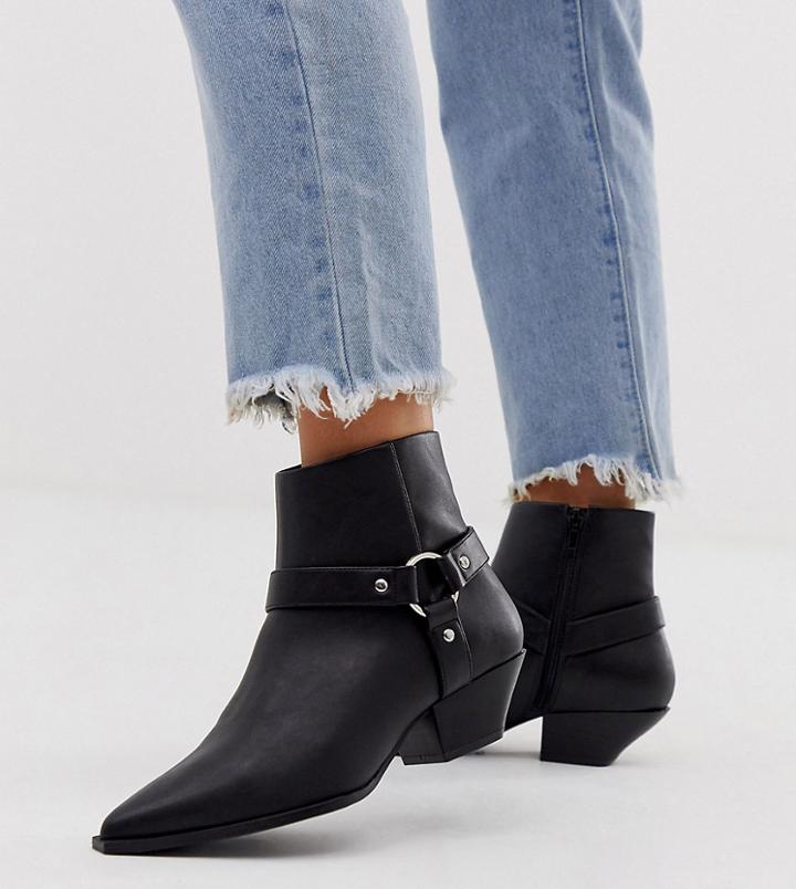 Asos Design Wide Fit Aidan Harness Western Ankle Boots In Black