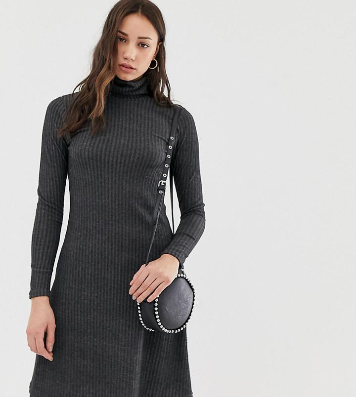 New Look Tall Brushed Rib Roll Neck Dress In Gray