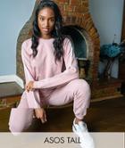 Asos Design Tall Tracksuit Sweatshirt / Basic Sweatpants With Tie With Contrast Binding In Blush-pink