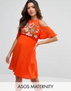 Asos Maternity Cold Shoulder Skater Dress With Floral Embroidery - Red
