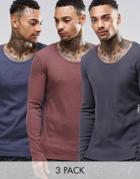 Asos Rib Extreme Muscle Long Sleeve T-shirt With Scoop Neck 3 Pack Save 23% - Multi