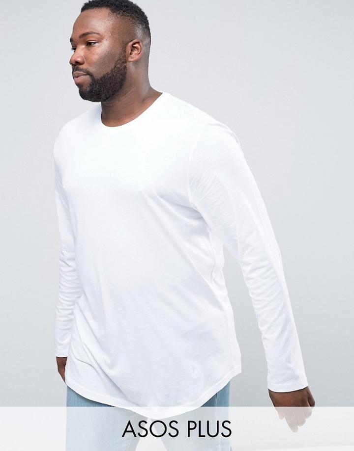 Asos Plus Super Longline Long Sleeve T-shirt With Curved Hem In White