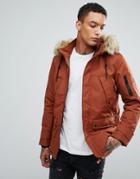 Bershka Parka With Detachable Fur Hood In Rust - Brown