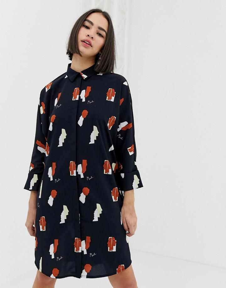 Monki Oversized Shirt Dress In Navy Face Print - Navy