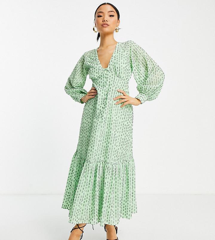 Asos Design Petite Button Through Metallic Maxi Tea Dress In Green-multi