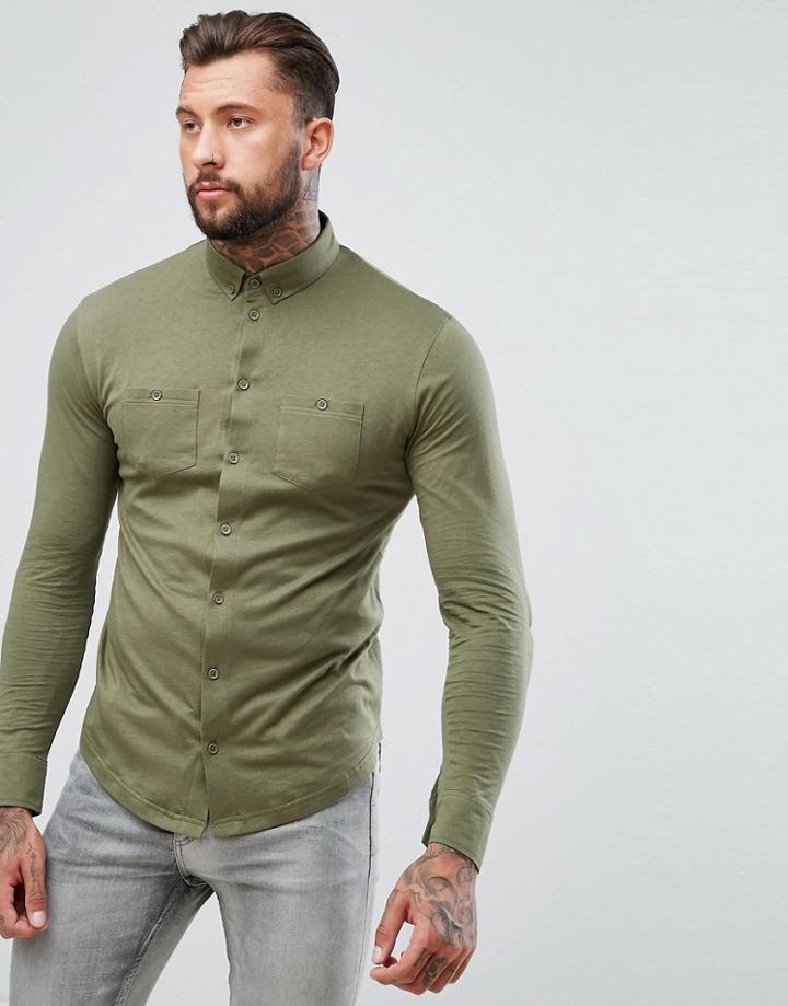 Boohooman Jersey Shirt With Double Pockets In Green - Green
