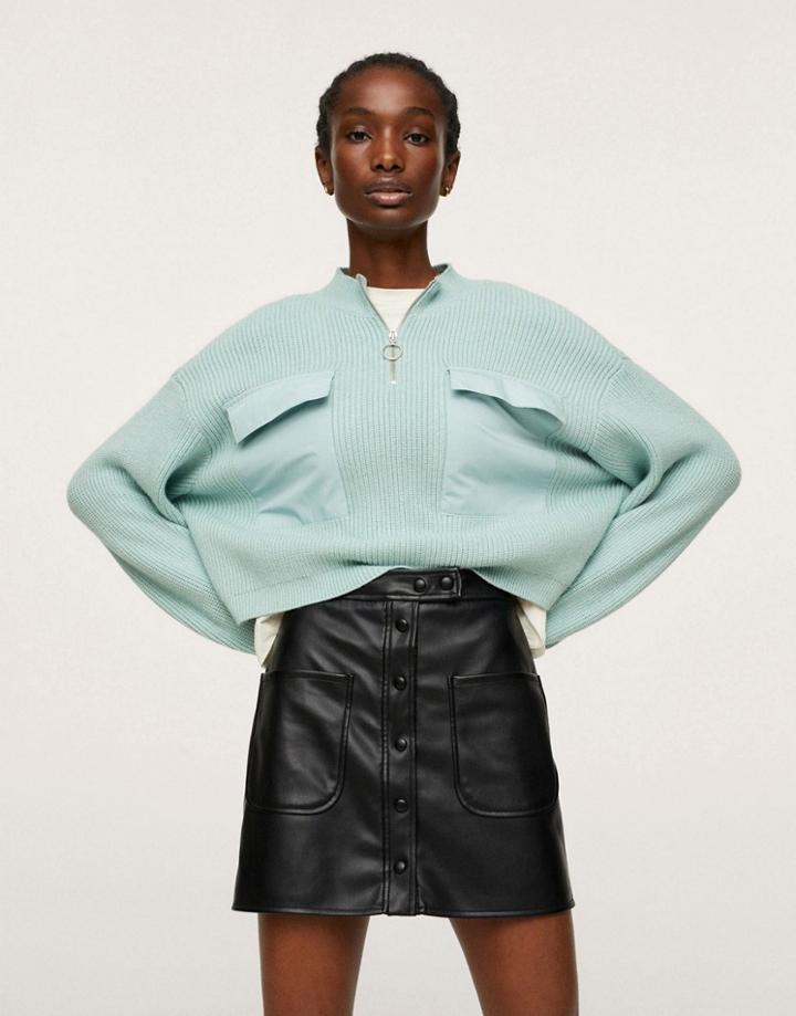 Mango Sweater With Half Zip And Front Pocket Detail In Blue-blues