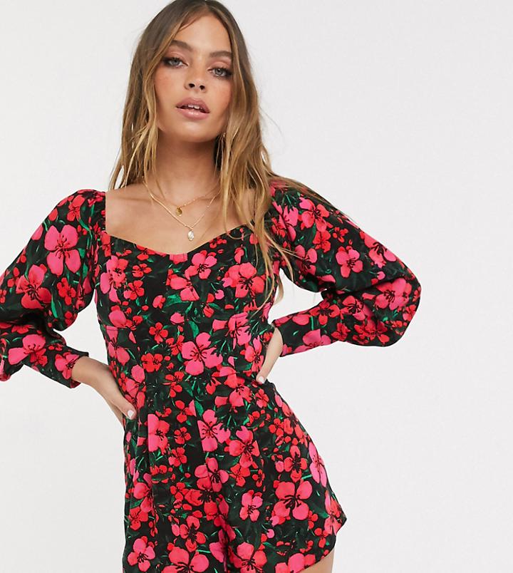 Asos Design Petite Square Neck Cupped Romper In Bright Floral Print-multi