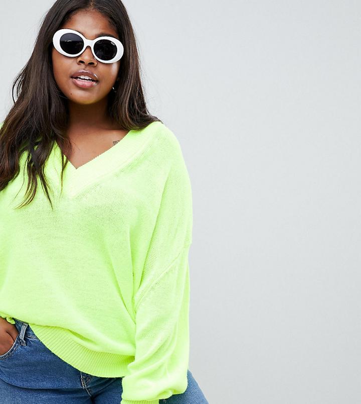 Asos Design Curve Oversized Fluro V Neck Sweater - Yellow