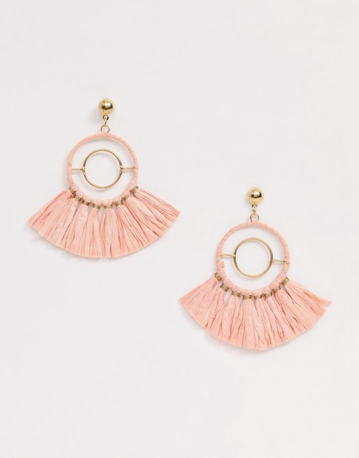 Asos Design Earrings With Open Circle And Pink Raffia Tassels In Gold Tone