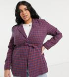 Heartbreak Plus Tie Waist Blazer In Red And Blue Check