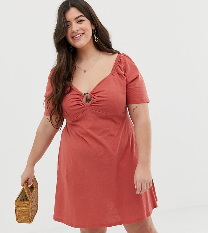 Asos Design Curve Slubby Mini Swing Dress With Faux Tortoiseshell Ring Detail-red