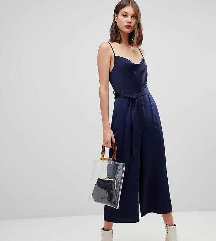 Warehouse Cowl Neck Slinky Jumpsuit In Navy - Navy