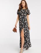 River Island Short Sleeve Chiffon Floral Maxi Dress In Black