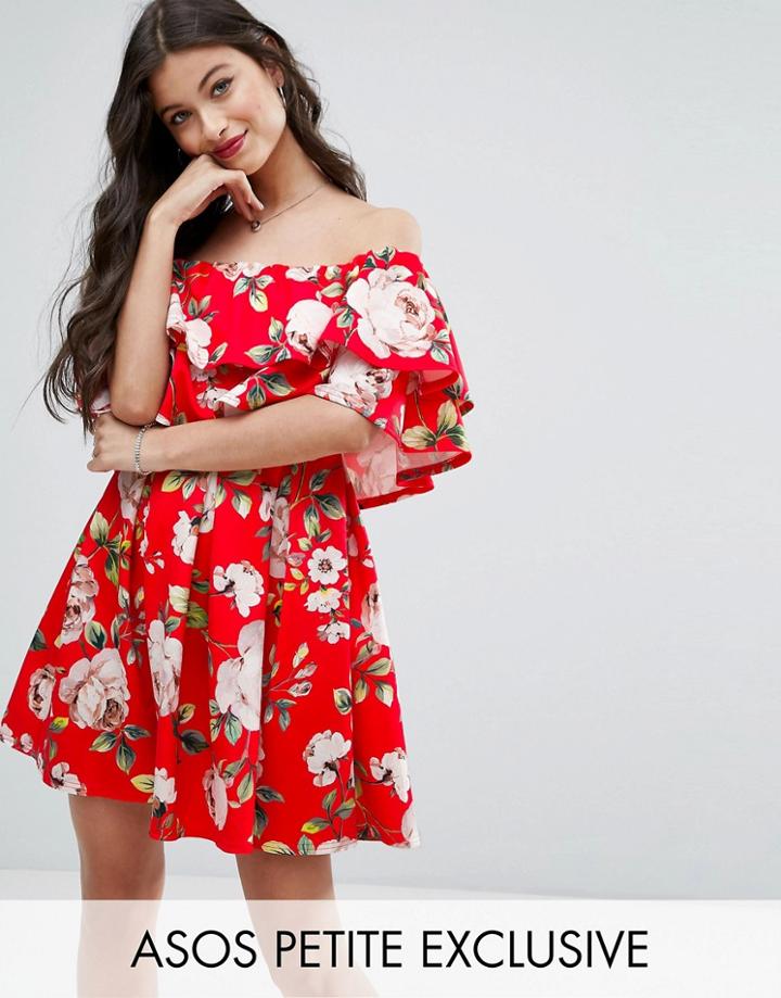 Asos Petite Rose Floral Off Shoulder Ruffle Mini Dress - Red
