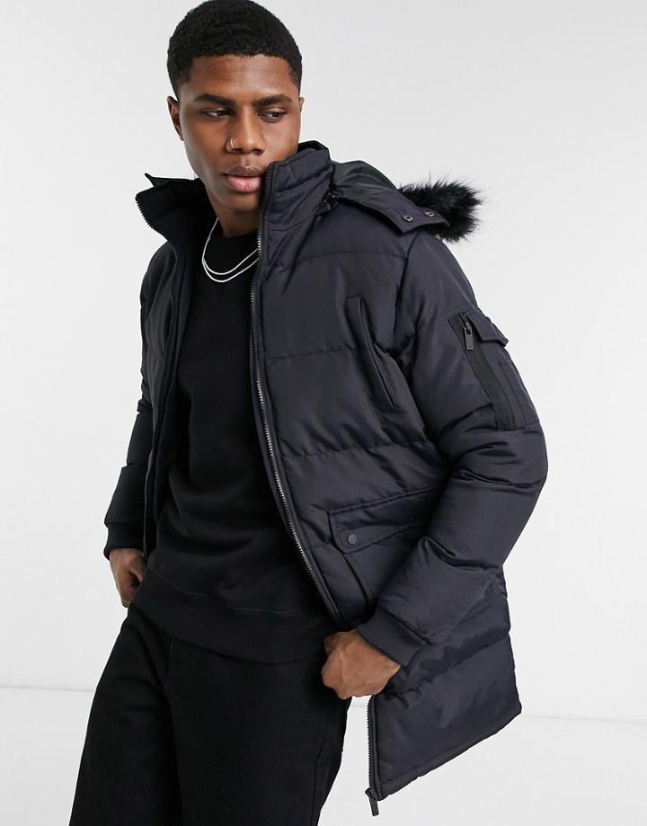 Criminal Damage Arctic Parka Coat In Black With Faux Fur Hood